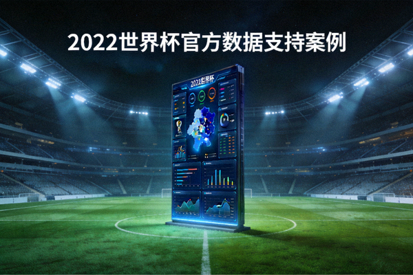 2022世界杯官方数据支持案例封面 - 足球场中央巨大的数据可视化屏幕